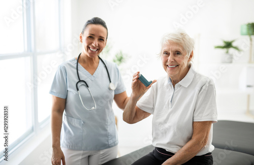 Elderly woman using inhaler for asthma and respiratory diseases at home
