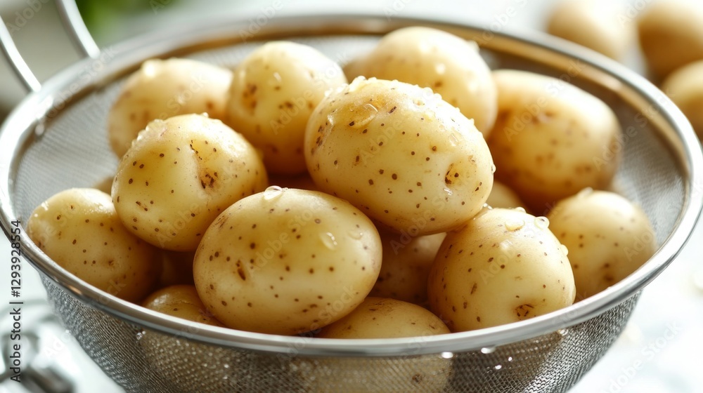 Freshly washed potatoes in stainless steel strainer with water droplets Freshly washed potatoes in stainless steel strainer with water droplets