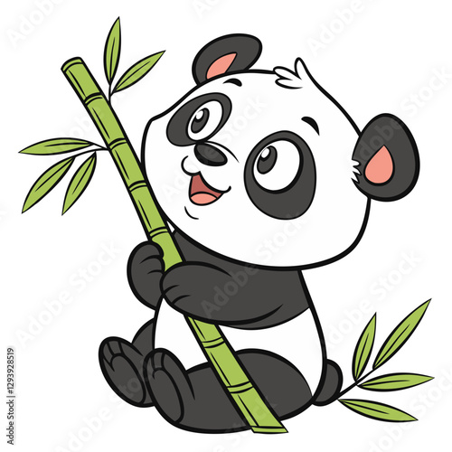 A charming baby panda bear happily holds onto a bamboo stick, surrounded by lush greenery, embodying joy and playfulness in its natural habitat