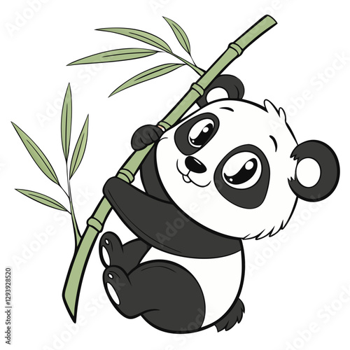 A young panda bear is happily climbing a bamboo stalk in a lush green forest. The playful expression radiates joy while surrounded by vibrant bamboo leaves