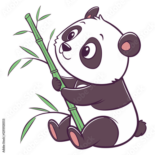 Cute baby panda bear sits happily while holding a piece of bamboo. Its playful demeanor and lively expression add joy to a whimsical setting. Bright colors enhance the charm
