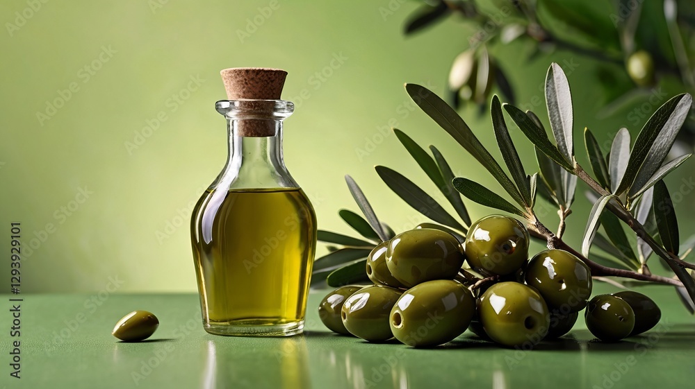 Fresh Olive Branch with Olives and Oil on Green Banner Fresh Olive Branch with Olives and Oil on Green Banner