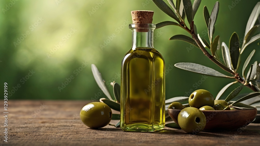 Fresh Olive Branch with Olives and Oil on Green Banner Fresh Olive Branch with Olives and Oil on Green Banner