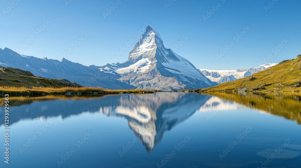 Majestic matterhorn mountain reflecting in clear alpine lake under blue sky Majestic matterhorn mountain reflecting in clear alpine lake under blue sky