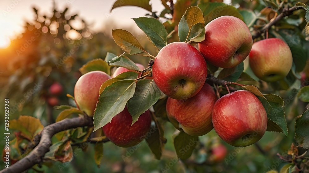 Ripe Red Apples on Branch with Sunset Orchard Background Ripe Red Apples on Branch with Sunset Orchard Background