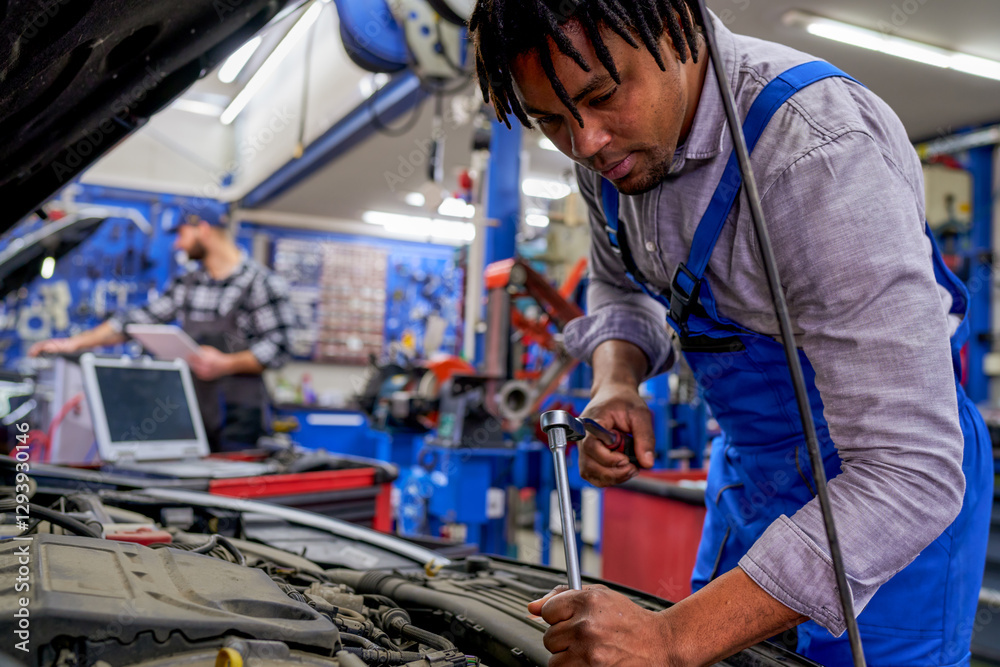 Professional mechanic working under the hood of a vehicle, using a ratchet to tighten or loosen bolts, while another mechanic uses diagnostic software in the background Professional mechanic working under the hood of a vehicle, using a ratchet to tighten or loosen bolts, while another mechanic uses diagnostic software in the background