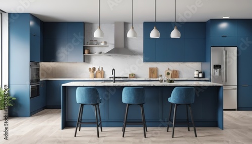 A stylish blue kitchen with elegant cabinetry and marble countertops, showcasing a sophisticated cooking space, suitable for real estate agents, interior designers, and trend-focused content. 