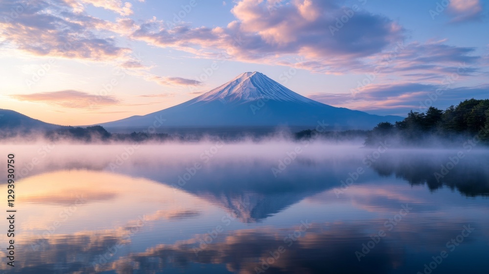 Serene dawn over mount fuji reflecting in tranquil lake and misty morning clouds Serene dawn over mount fuji reflecting in tranquil lake and misty morning clouds