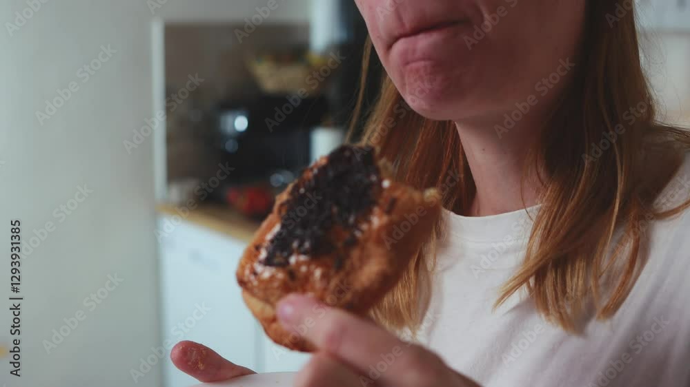 Blonde female enjoying chocolate croissant, baking scene revealing pastry indulgence with sensory satisfaction through sequential multiple-frame images