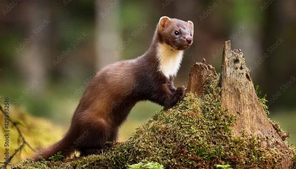Wild Stone Marten Perched Majestically on Forest Stump, Amidst a Moody Czech Forest Landscape, Caught in the Soft Morning Light. Wild Stone Marten Perched Majestically on Forest Stump, Amidst a Moody Czech Forest Landscape, Caught in the Soft Morning Light.