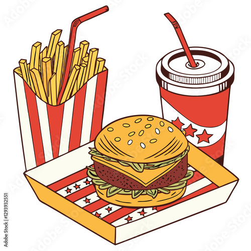 Golden Classic American Fast Food Meal Representing Culinary Culture. Perfect for: Independence Day, National Fast Food Day, culinary festivals, pop culture events, food expos