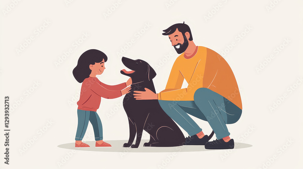 Lovely friendly family adopt dog pet, hound kennel area, character father, kid petting animal flat vector illustration, isolated on white. Lovely friendly family adopt dog pet, hound kennel area, character father, kid petting animal flat vector illustration, isolated on white.