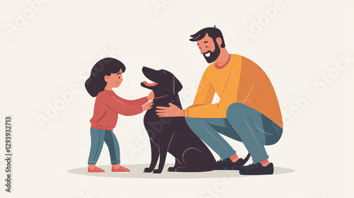 Lovely friendly family adopt dog pet, hound kennel area, character father, kid petting animal flat vector illustration, isolated on white.