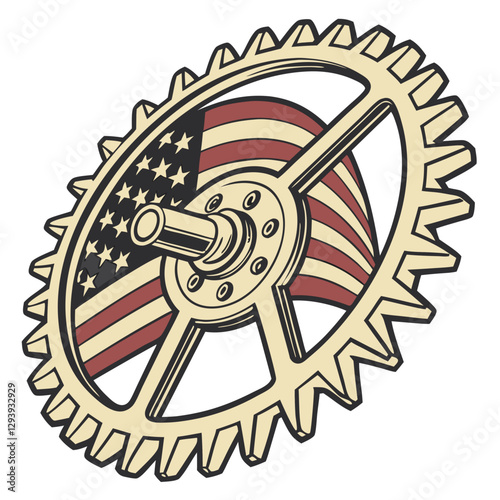 Golden Gear with USA Flag Representing Industrial and Technological Progress. Perfect for: Independence Day, Industrial Exhibitions, engineering expos, technology fairs, business conferences