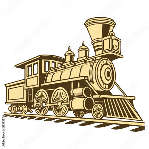 Golden Locomotive Symbolizing Industrial Revolution and Progress. Perfect for: Independence Day, transportation expos, industrial exhibitions, history fairs, economic forums