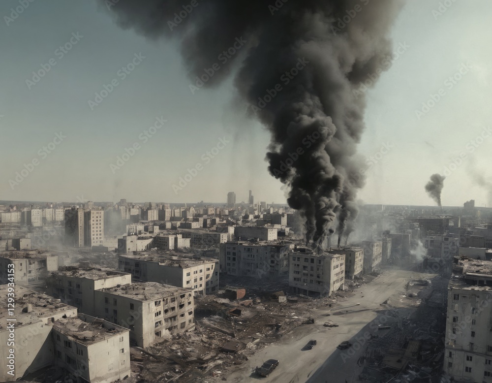 Fototapeta premium impactful aerial view of a war-torn city, showcasing smoke rising from destroyed buildings. This image highlights the stark reality of conflict and its devastating effects on urban life.