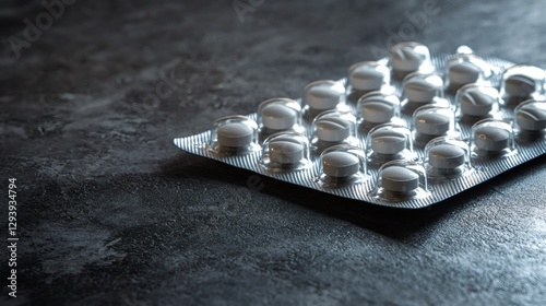 Isolated water purification tablet pack used in humanitarian aid missions, side copy space photo