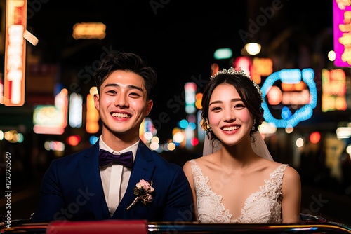 Happy newlywed couple smiling, night city lights bokeh background.