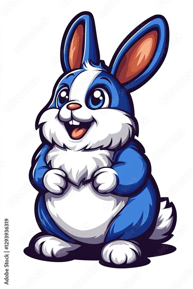 Fototapeta premium Adorable cartoon blue bunny rabbit with big eyes and cheerful expression, standing happily.
