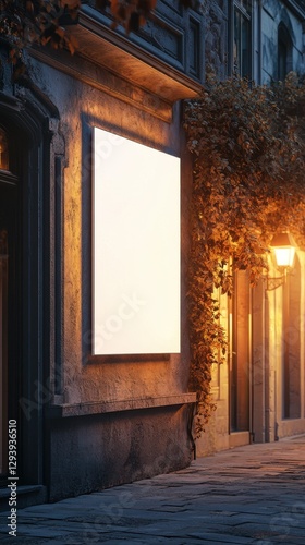 Illuminated blank billboard on aged building facade at dusk creates inviting urban ambiance for advertisement