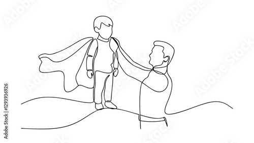 Father and Son Superhero Cape Playful OneLine Art Drawing