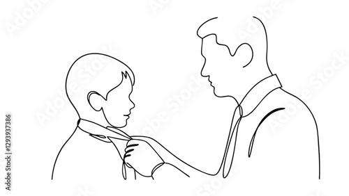 Line art drawing of a father carefully adjusting his young sons necktie. A tender moment depicting paternal care and preparation for a special occasion or school.