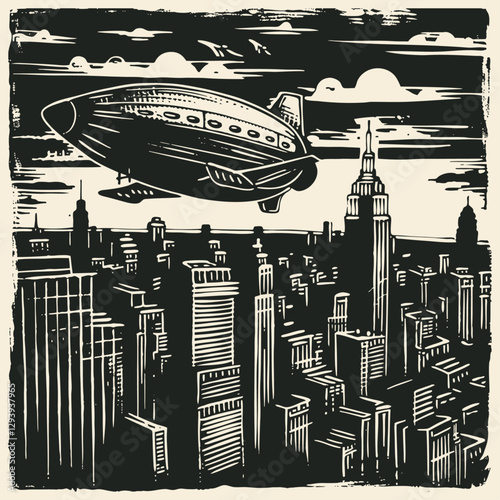 Vector illustration of a futuristic airship flying over a city skyline with tall buildings. The design features bold black-and-white lines, giving a dramatic, vintage sci-fi feel.