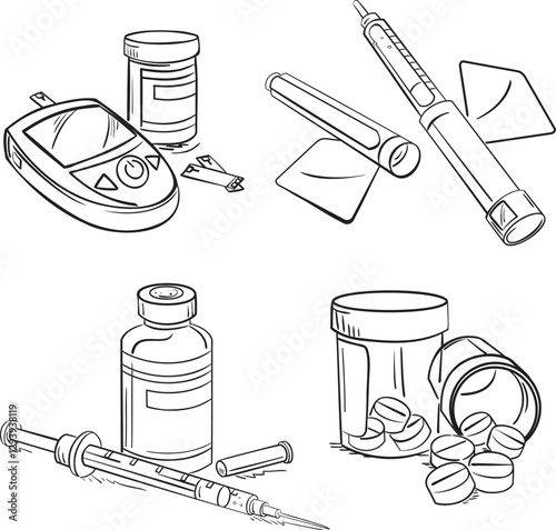 Diabetes Treatment Pen and Ink Sketches Set On Transparent Background