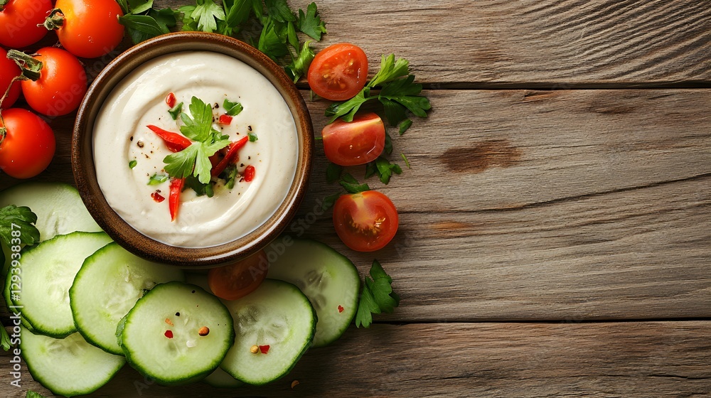 Creamy dip surrounded by fresh vegetables on a rustic surface Creamy dip surrounded by fresh vegetables on a rustic surface