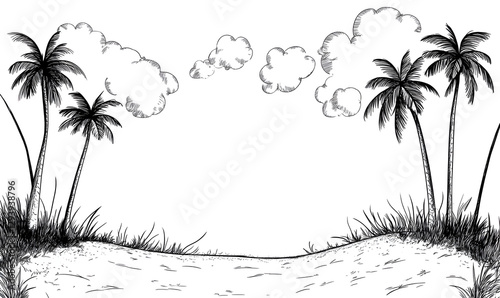 Wallpaper Mural Sketch Drawing of Tropical Beach Landscape with Palm Trees and Clouds Torontodigital.ca