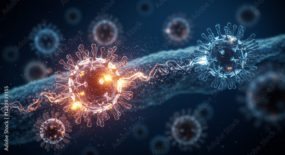 Microscopic View of Virus Interaction Glowing Orange and Blue Particles Dark Background Microscopic View of Virus Interaction Glowing Orange and Blue Particles Dark Background