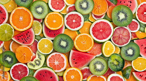 Fruit pattern seamless vector fruity background and fruitful exotic wallpaper with fresh slices of watermelon orange apples and tropical fruits illustration backdrop set