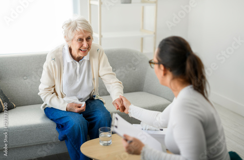 old woman thinking with psychologist in consultation office for mind, evaluation or assessment.