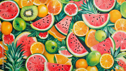 Fruit pattern seamless vector fruity background and fruitful exotic wallpaper with fresh slices of watermelon orange apples and tropical fruits illustration backdrop set