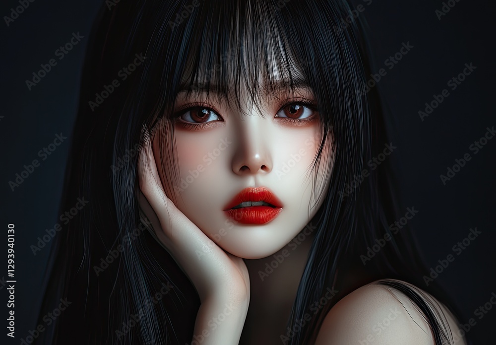 Beautiful young Japanese woman with long black hair, bangs, and twin pigtails, set against a dark background Beautiful young Japanese woman with long black hair, bangs, and twin pigtails, set against a dark background