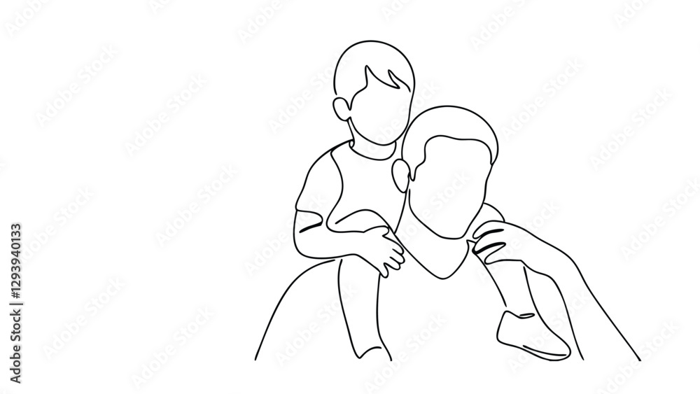 A singleline drawing depicts a father with his young son sitting on his shoulders. The art style is minimalist and focuses on the loving relationship between them. A singleline drawing depicts a father with his young son sitting on his shoulders. The art style is minimalist and focuses on the loving relationship between them.