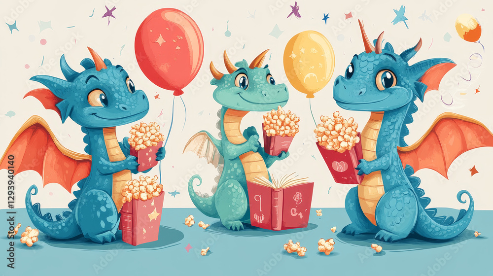 Baby dragons pattern vector illustration for invitation cards. Cartoon funny dragons with wings. Fairy dinosaurs with pop corn, baloon, flower, book. Welcome to the birthday party. Baby dragons pattern vector illustration for invitation cards. Cartoon funny dragons with wings. Fairy dinosaurs with pop corn, baloon, flower, book. Welcome to the birthday party.