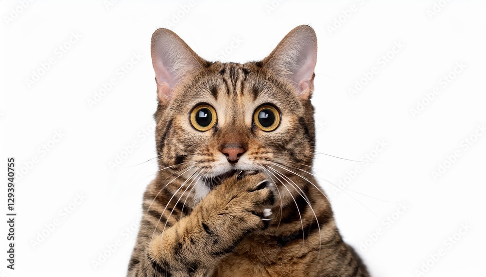 Vibrant and Whimsical Isolated Portrait of a Surprised Cat, Expressing Playful Emotion on a Pristine White Background, Captured by Generative AI Artistry. Vibrant and Whimsical Isolated Portrait of a Surprised Cat, Expressing Playful Emotion on a Pristine White Background, Captured by Generative AI Artistry.