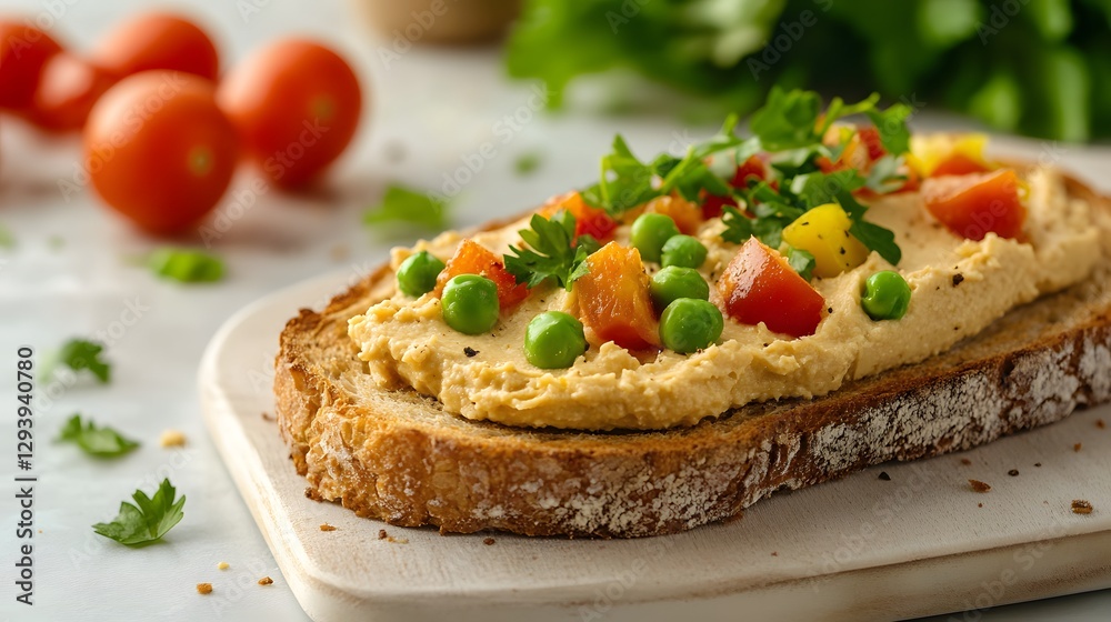 Open faced hummus sandwich topped with vegetables on wooden board Open faced hummus sandwich topped with vegetables on wooden board