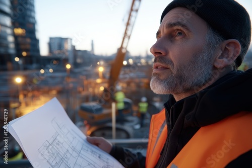 A foreman observes the ongoing work at a construction site, carefully reviewing plans to ensure the project adheres to design specifications and safety standards. photo