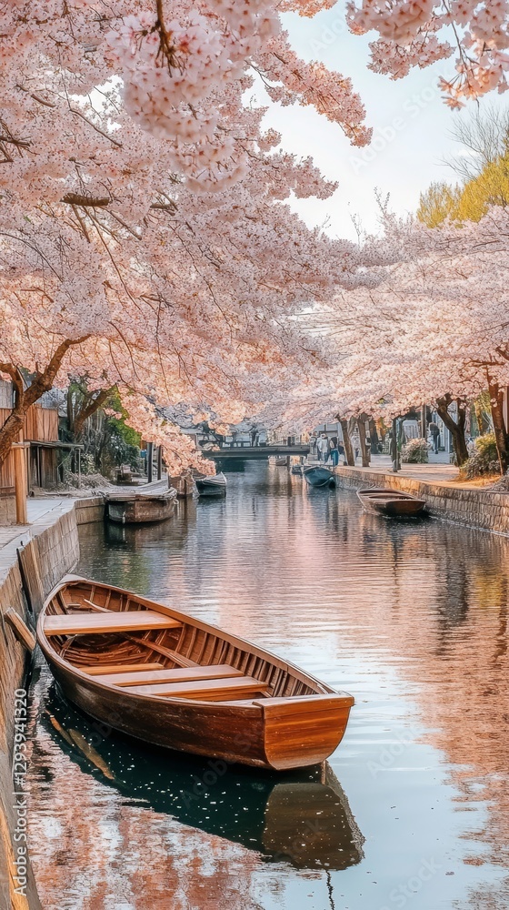 Obraz premium Serene Japanese Canal with Cherry Blossoms