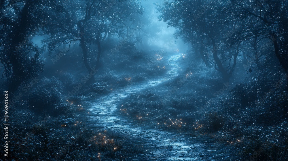 Mystical Night Forest Scene with Glowing Stream and Fog Mystical Night Forest Scene with Glowing Stream and Fog
