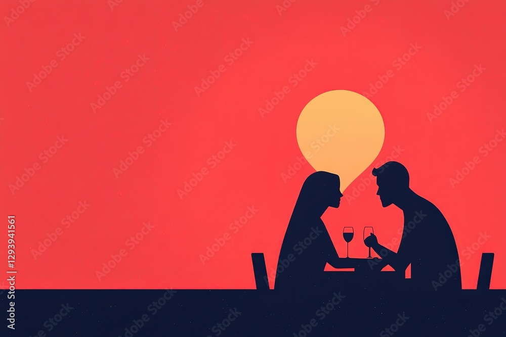 A couple is sitting at a table with wine glasses and a bottle of wine, with ample copy space for text. A couple is sitting at a table with wine glasses and a bottle of wine, with ample copy space for text.