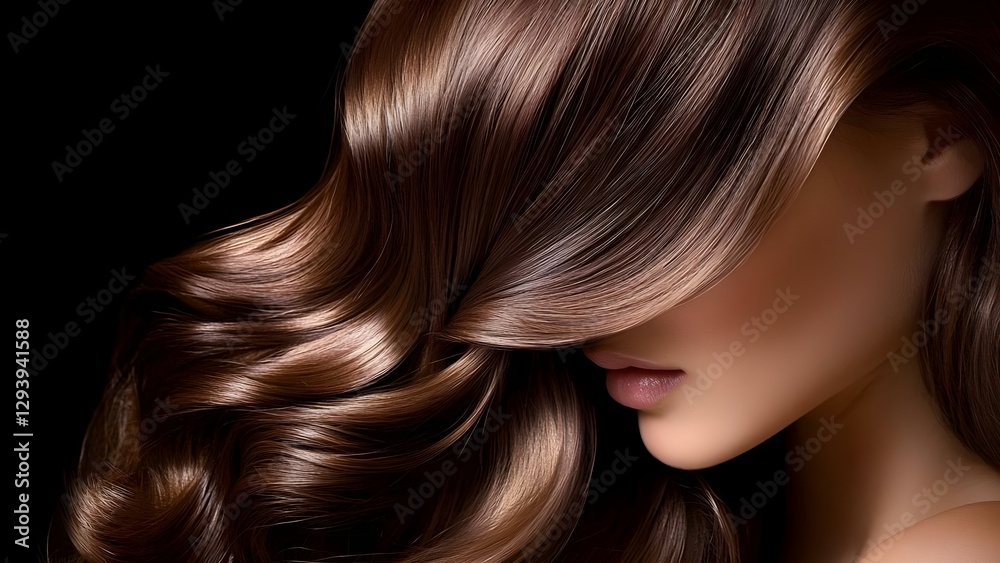 Obraz premium A close-up of a woman's profile with long, wavy, shiny hair partially covering her face against a black background. Concept Close-Up Profile, Shiny Wavy Hair, Black Background, Artistic Portrait