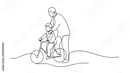Grandfather teaching grandson to ride a bicycle outdoors