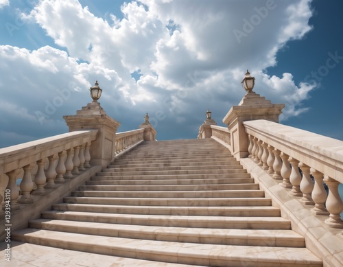 Majestic staircase leading to a grand building with classical columns against a backdrop of blue skies and soft clouds. An iconic architectural landmark perfect for travel and history enthusiasts.