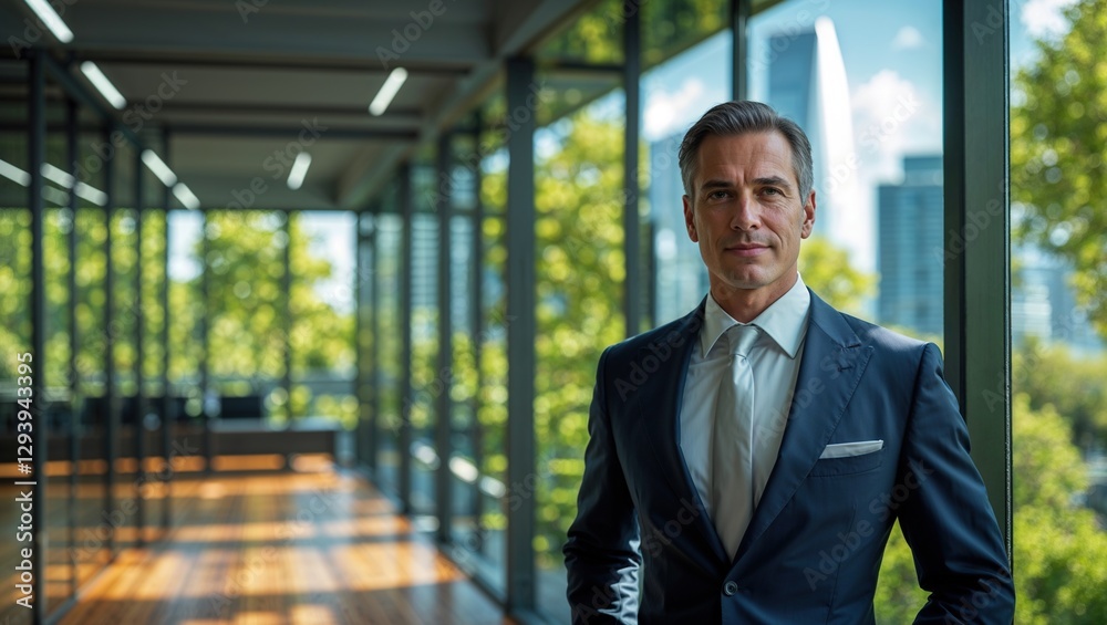 A professional dressed in a tailored suit poses in a bright office featuring large windows that overlook lush trees A professional dressed in a tailored suit poses in a bright office featuring large windows that overlook lush trees
