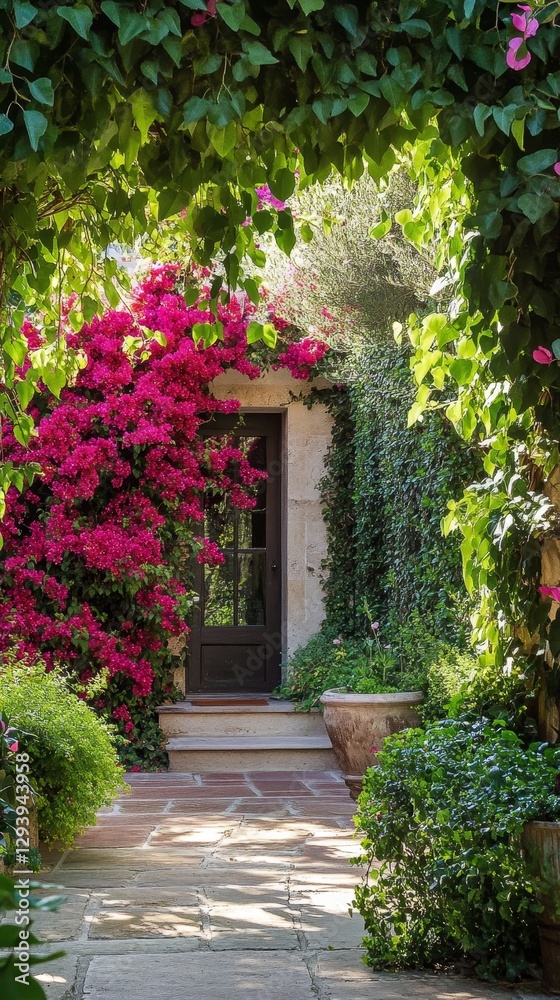 Naklejka premium Enchanted Garden Pathway with Bougainvillea and Stonework