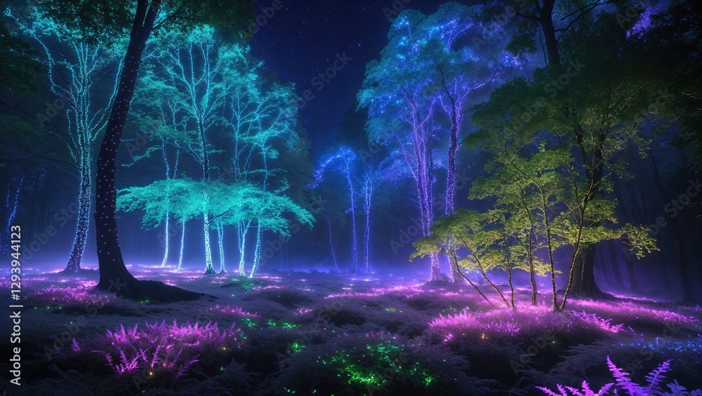 Fototapeta premium Glowing trees emit blue and green hues, illuminating a dark forest. Vibrant ferns and plants add purple tones to the enchanting landscape, creating a surreal atmosphere