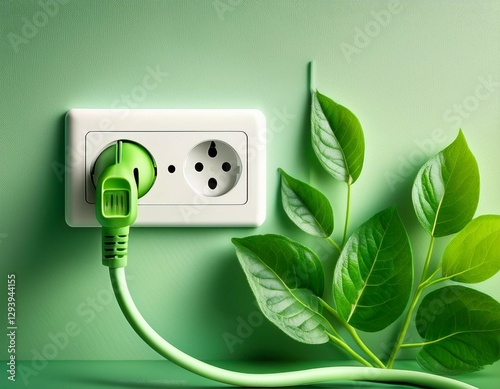 green power cord in wall socket or outlet with fresh greenery ecological friendly and sustainable renewable energy concept